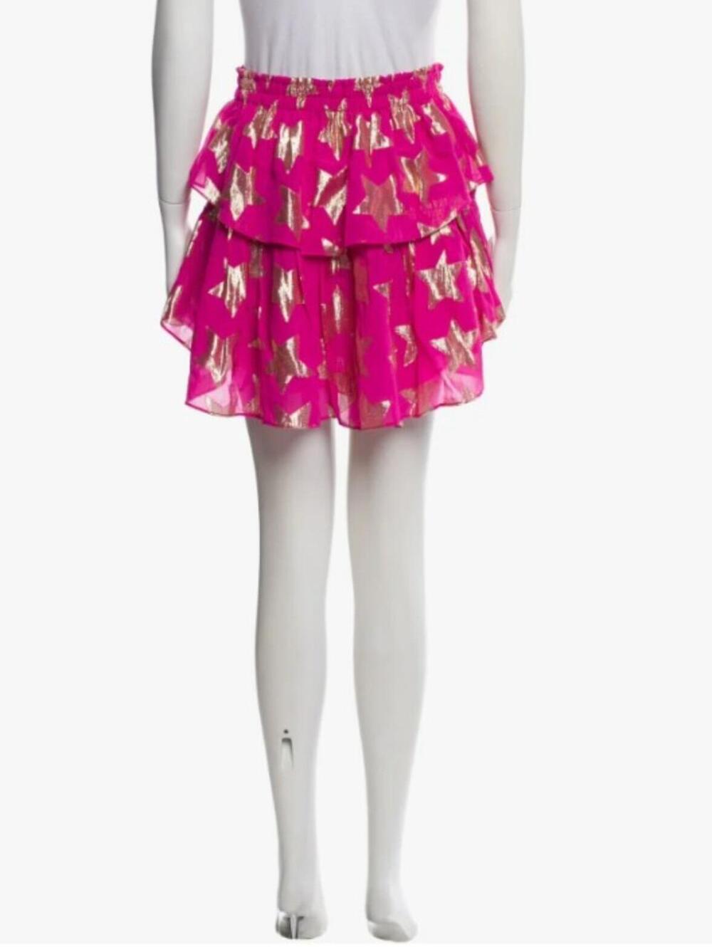 New LoveShackFancy Hot Pink With Gold Star Ruffle Mini Skirt- Very Berry